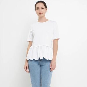 Anthropologie English Factory Mixed Media Scalloped Puff Sleeve White Tshirt Top